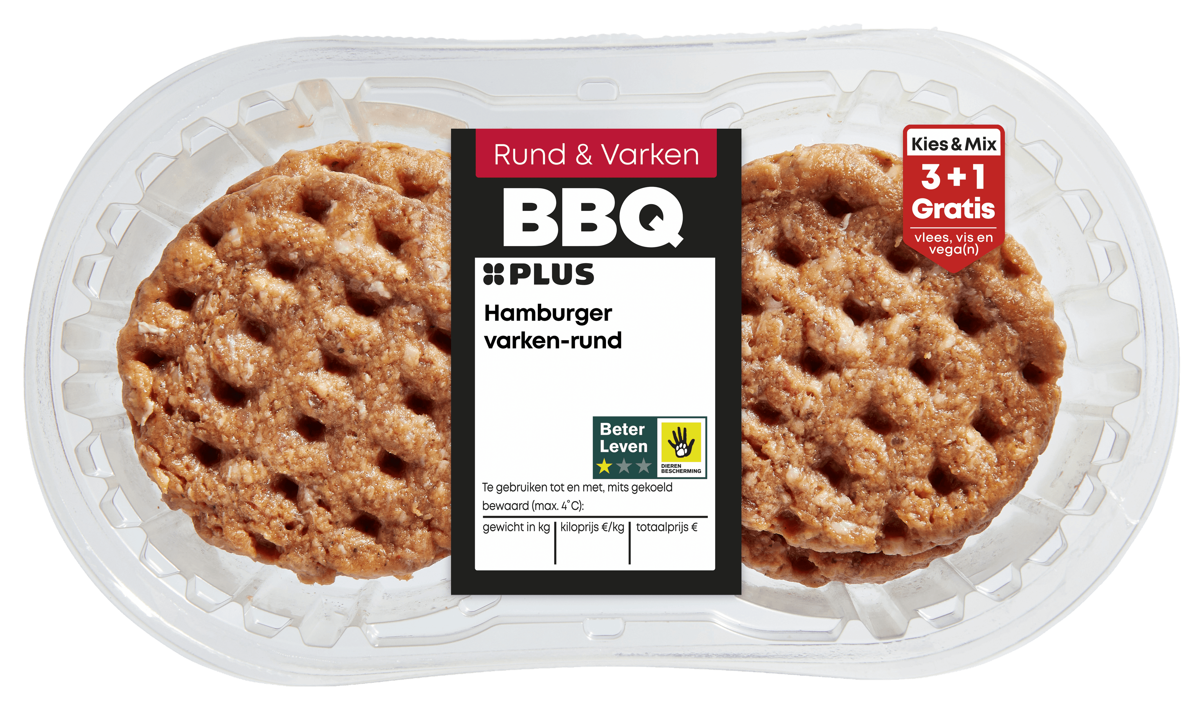 PLUS Hamburger varken-rund 4st