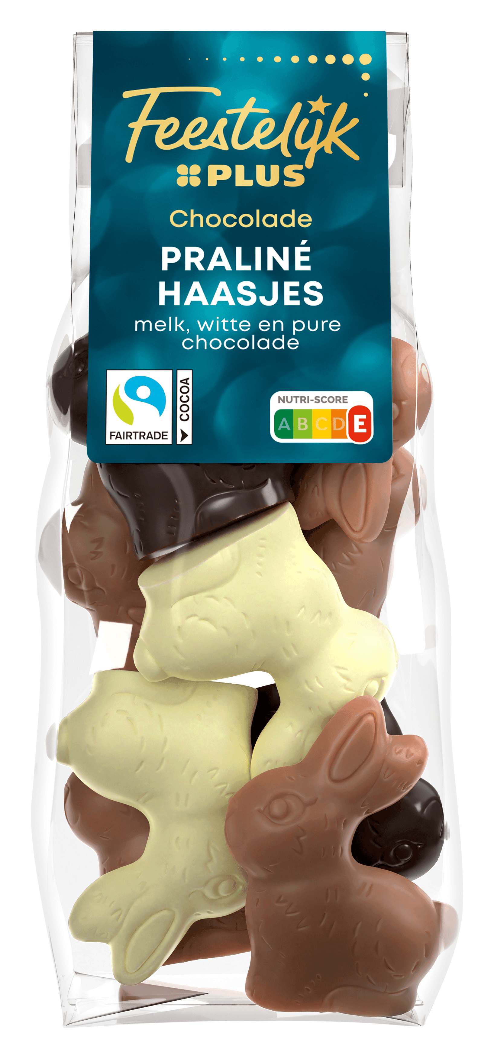 Feestelijk PLUS Praliné haasjes melk puur wit