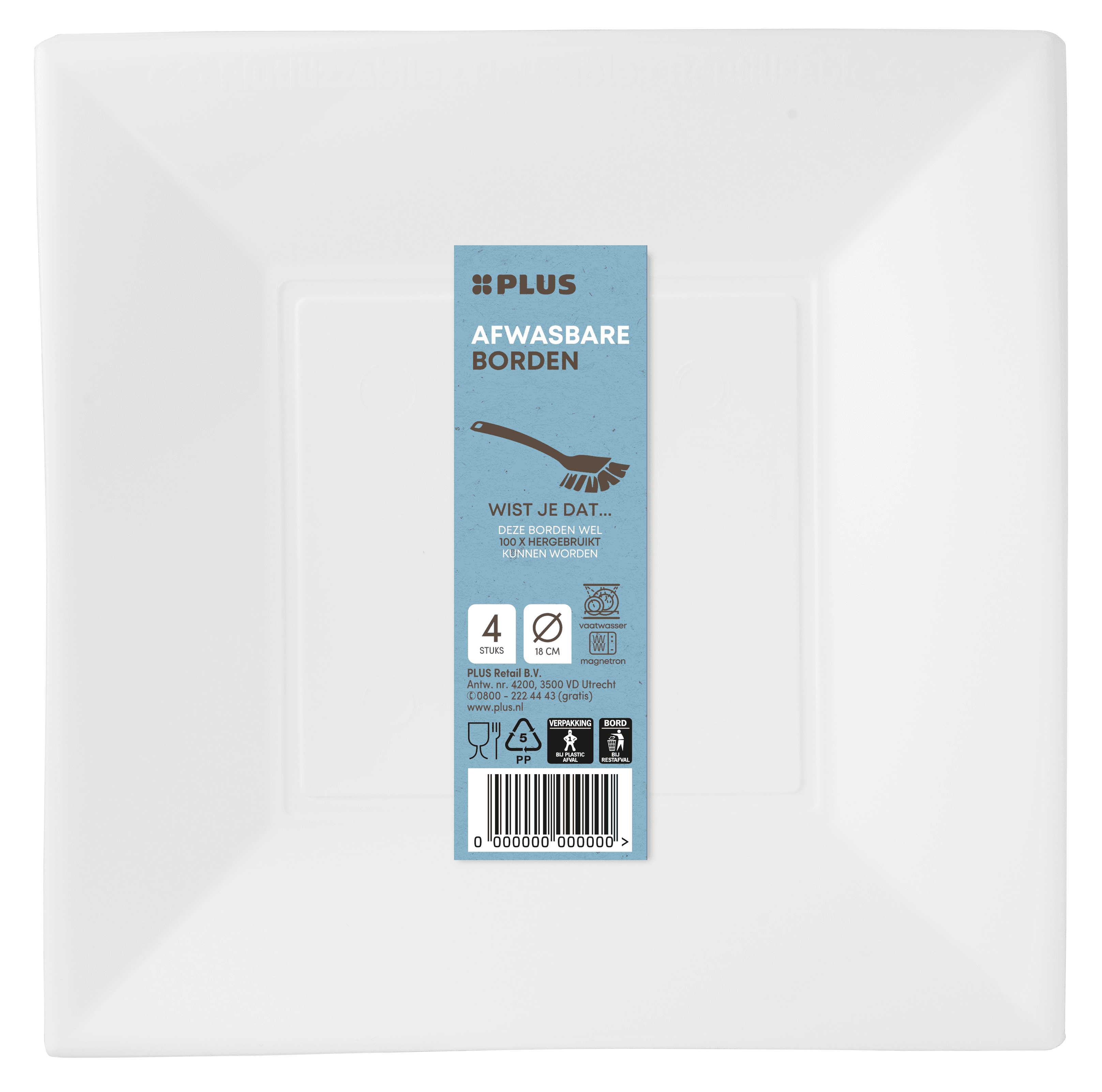 PLUS Bord herbruikbaar vierkant 18cm