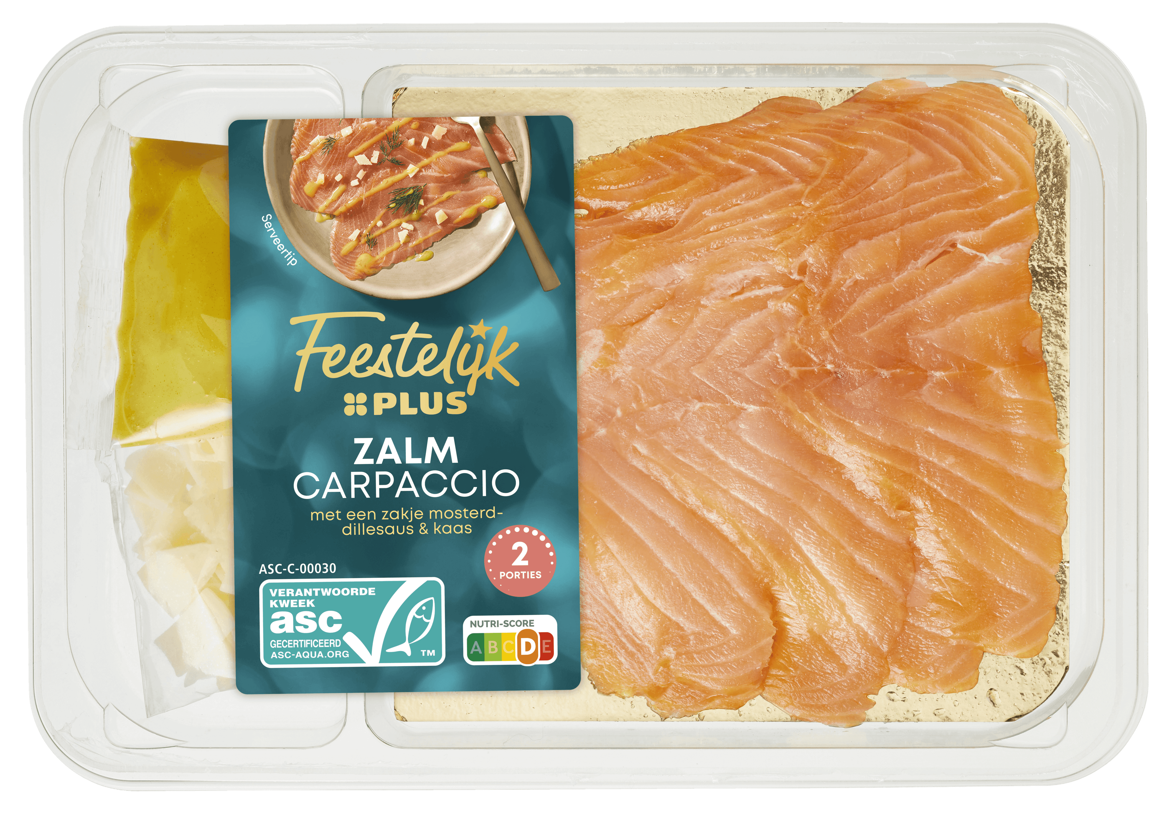 Feestelijk PLUS Gerookte zalmcarpaccio met saus en kaa
