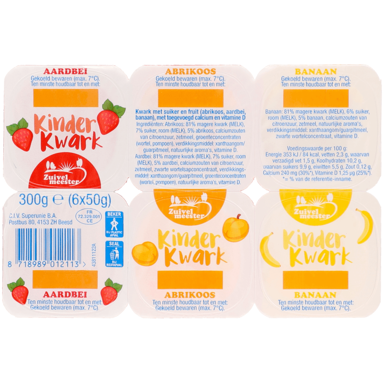 Zuivelmeester Kinderkwark aardbei-abrikoos-banaan 6 stuks