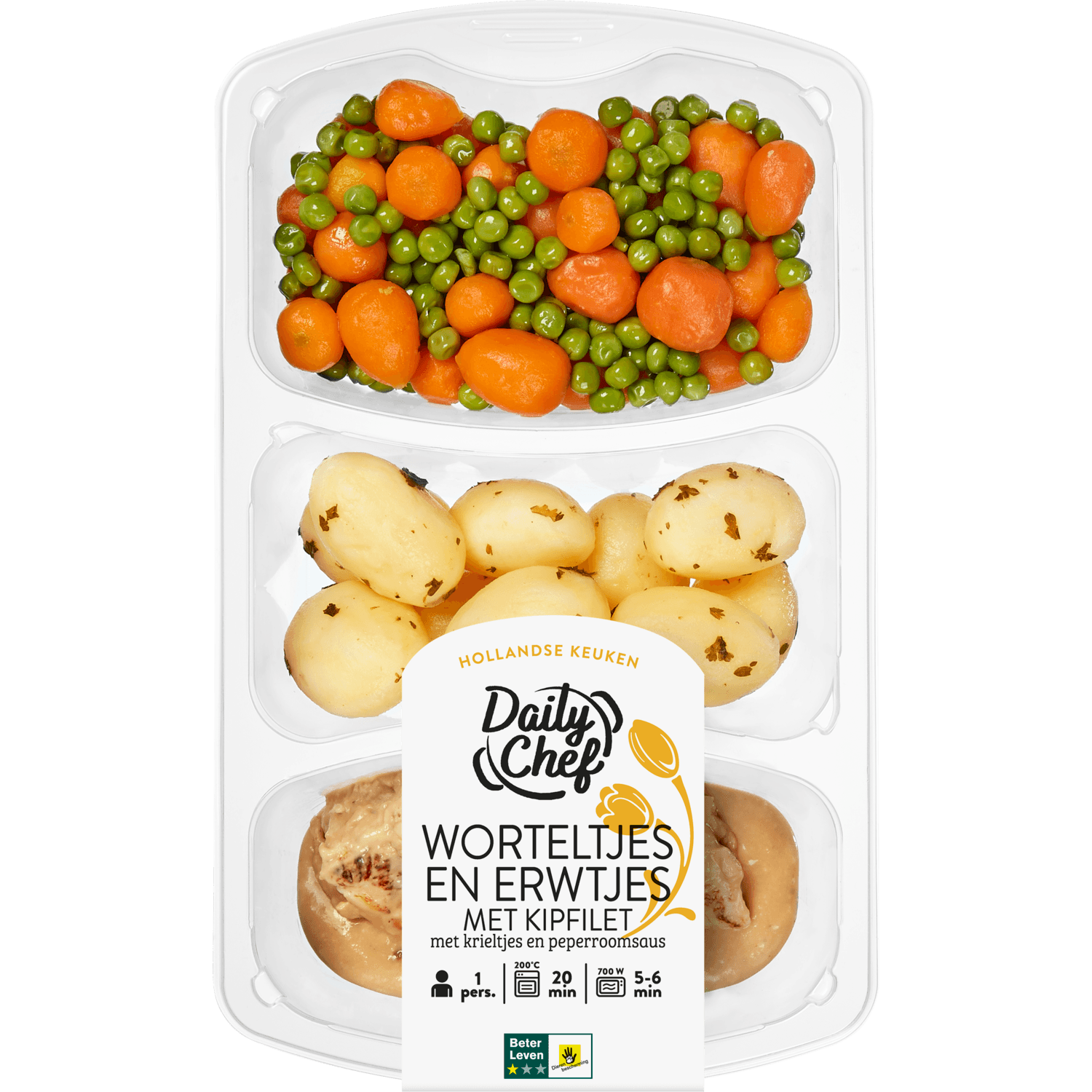 Daily Chef Worteltjes en erwtjes met kipfilet krieltjes en peperroomsaus