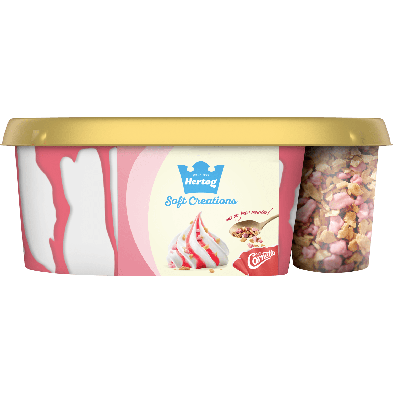 Hertog Softijs vanille met aardbeiensaus