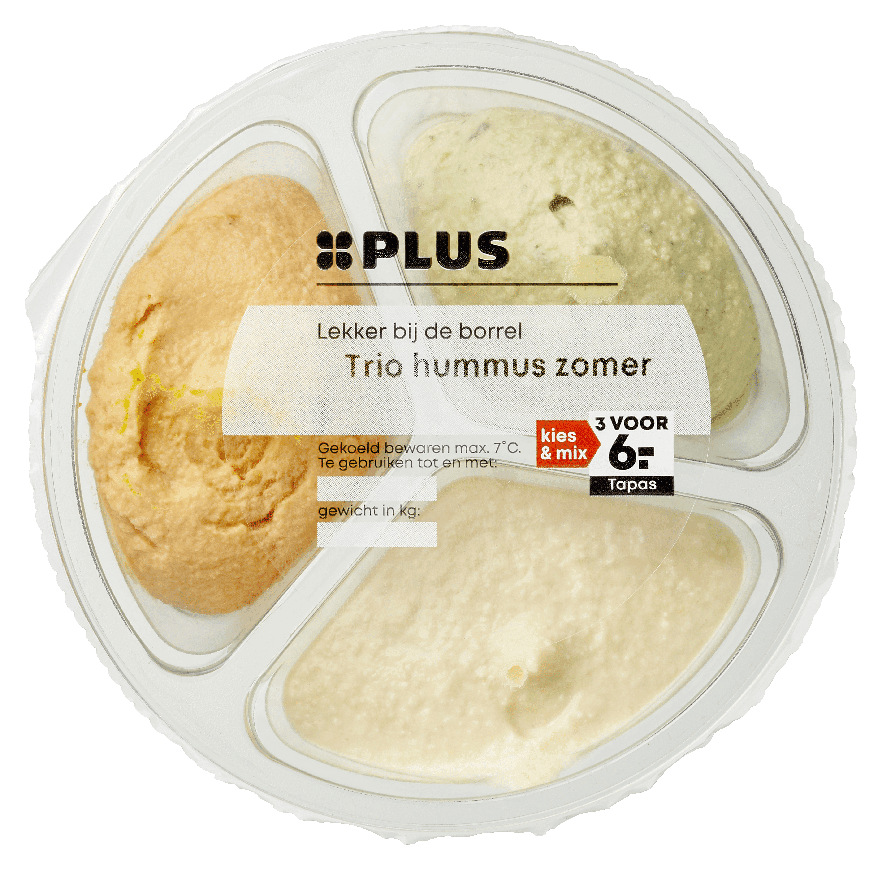 PLUS Hummus trio (pesto, citroen, wortel)